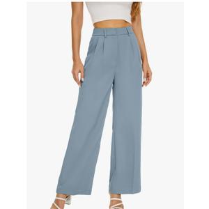 Women Office Wide High Waist Pants Loose Fit Elastic Waist Pleated Front Trousers for Work Casual, Medium