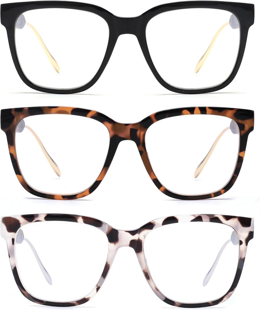 JM 3 Pack Classic Square Reading Glasses for Women Men, Retro Trendy Oversized Square Blue Light Blocking Readers (3 Pack Mixed), +1.50