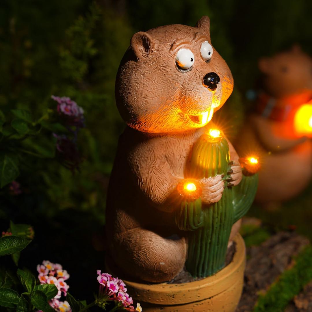 Solar Groundhog Garden Statue with LED Lights - Resin Cactus Planter Ornament for Outdoor Decor, Lawn, Patio, Yard, and Balcony, Unique Garden Gift for Women, Mom, and Grandma (Green)