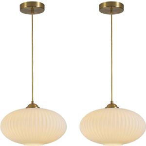 KCO Lighting White Ribbed Glass Pendant Light Modern Antique Brass Pendant Light Gold Large Globe Pendant Light Fixture Mid Century 1-Light Kitchen Island Pendant Lighting (2-Pack)
