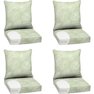 Arden Outdoor Foam Deep Seat Cushion Set (4-Pack), 24x24, Premium High-Density Foam, Never Flattens, Weather-Proof for Patio Chair Sofa Couch, Coastal Green Leaf