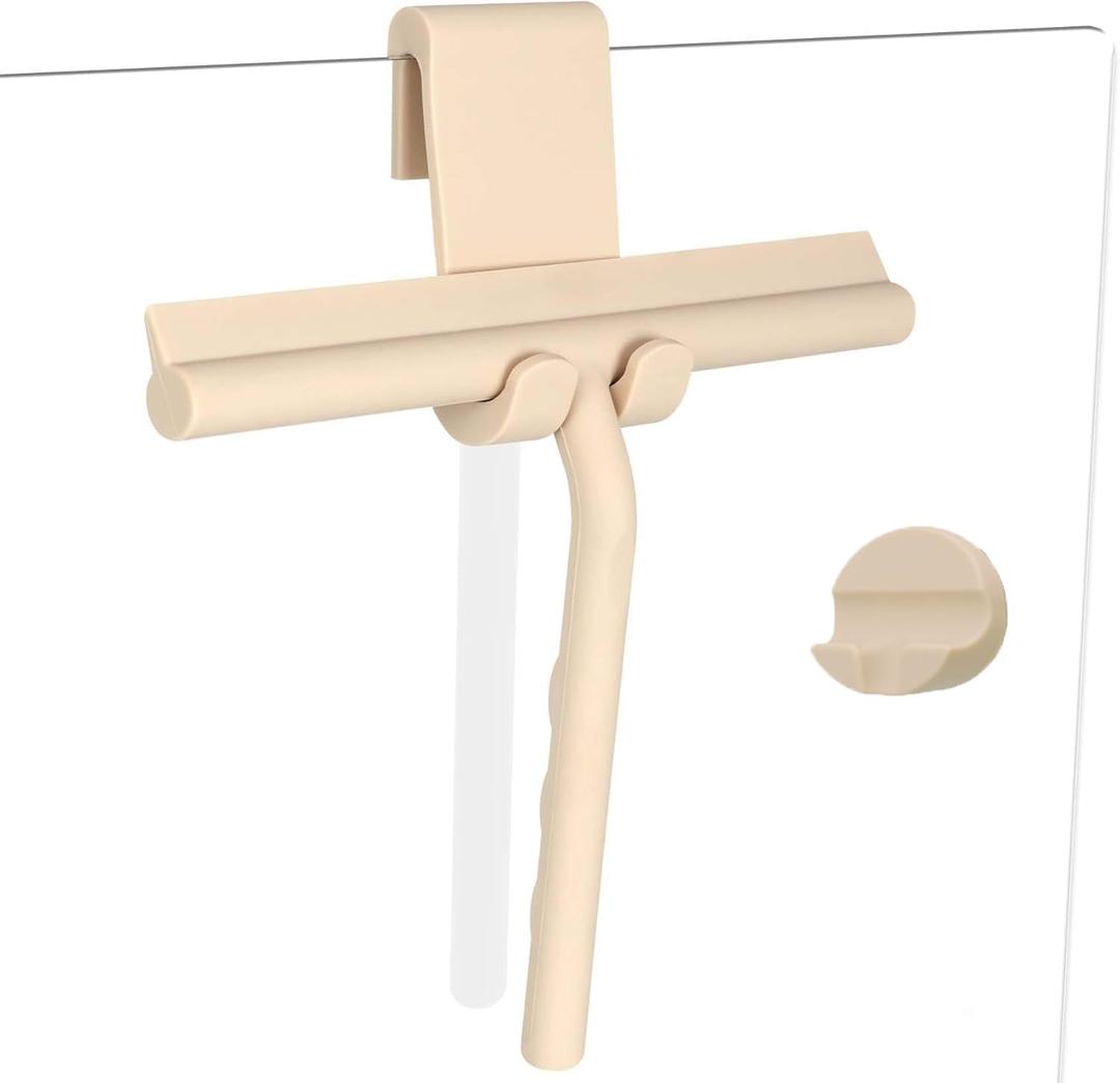 Shower Squeegee for Glass Doors, Full Silicone Jacketed Squeegee with Ergonomic Handle & No-Drill Hook, Cleaning Tool for Windows, Mirrors, Tiles, Bathroom & Car - Beige