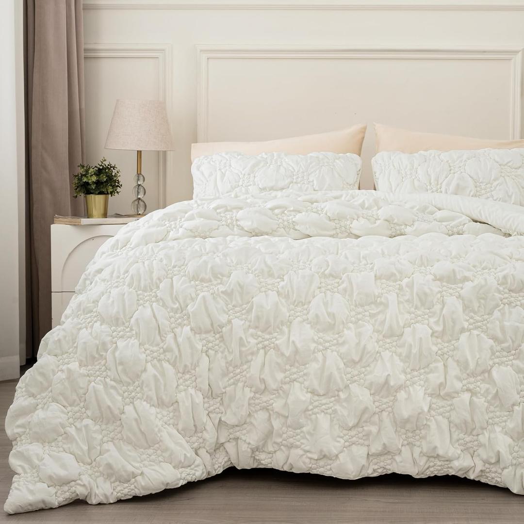 PHF Marshmallow Puff Comforter Set King Size, 3 Pieces Ultra Soft Lightweight Bedding Set for All Season, Pattern Textured 1 Comforter with 2 Pillow Shams, White 02