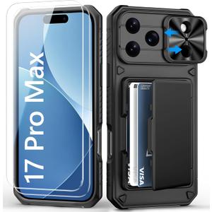 for iPhone 17 Pro Max Case Wallet with Screen Protector (Tempered Glass), Card Holder (4-5 Cards), Slide Camera Cover, Military Grade Drop, Heavy Duty Men Women Case for iPhone 17 Pro Max, Black
