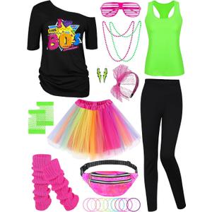 AOTHSO 24 Pieces Halloween Women 80s Costume Accessories Set 80s Cosplay T-shirt Tutu Pants Racerback Top Fanny Pack Gloves, XL