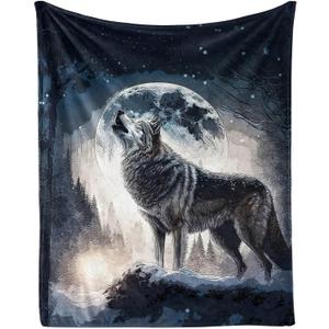 Howling Wolf Blanket for Women Men, Cool Wolf Themed Design Printed Throw Blankets for Teens Adults Lap, Chair Sofa, Warm Soft Cozy Blanket, 50"x 60"