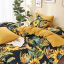 Wake In Cloud - Boho Comforter Set, Floral Farmhouse Bohemian Chic Style with Colorful Sunflowers and Birds Pattern, Soft Lightweight Bedding, 3 Pieces, Amber Black, Queen Size