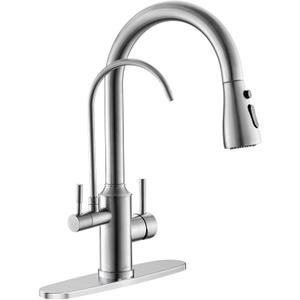 APPASO Kitchen Faucet with Water Filter, Pull Out 3 Way Sink Faucets with Sprayer, High Arch 2 Handle Faucet - 2 in 1 Faucets Brushed Nickel, Without Water Filtration Device