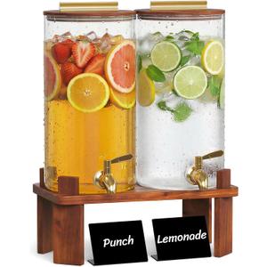 Lifewit 1.5 Gallon Drink Dispenser for Parties, Glass Beverage Container with Wood Stand for Juice/Tea/Soda & Lemonade, Water Pitcher with Leakproof Stainless Steel Spigot for Mimosa Bar Hosting 2 Pcs