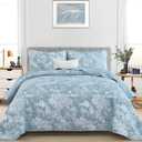 WONGS BEDDING Botanical Quilt Set Queen Size, Aqua 3 Pieces Toile Floral Plants Printed Bedspread Bedding Set Soft Lightweight Microfiber Coverlet Set for All Season (96"x90")