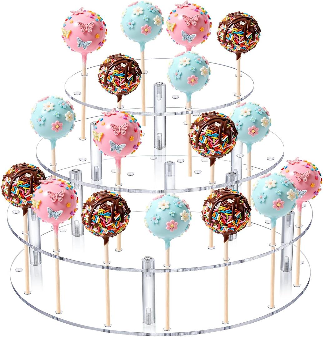 36 Holes Cake Pop Display Stand 3-Tier Clear Acrylic Lollipop Holder Cake Pop Stand for Displaying Candy Dessert, Round Cupcake Display Holder for Birthday, Party, Anniversary,Candy Bar