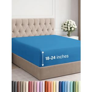 Extra Deep Queen Fitted Sheet - Hotel Luxury Single Fitted Sheet Only - Easily Fits 18 inch to 24 inch Mattress - Ultra Soft, Wrinkle & Fade Free w/Extra Deep Pocket - Breathable & Comfy - Denim Blue