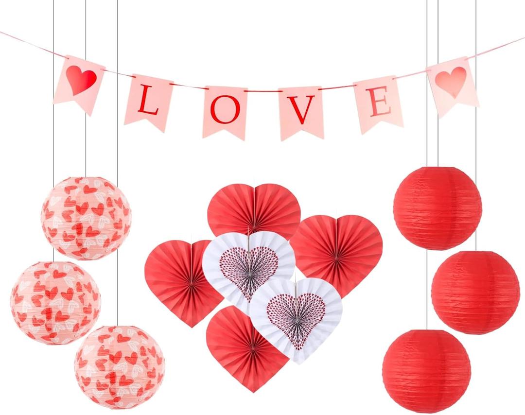 Red Paper Lanterns and Heart Hanging Fans Set, 6pcs Chinese Round Lanterns with 6pcs Heart Shaped Paper Fans & Banner for Wedding Bridal Shower Birthday Romantic Party Decorations