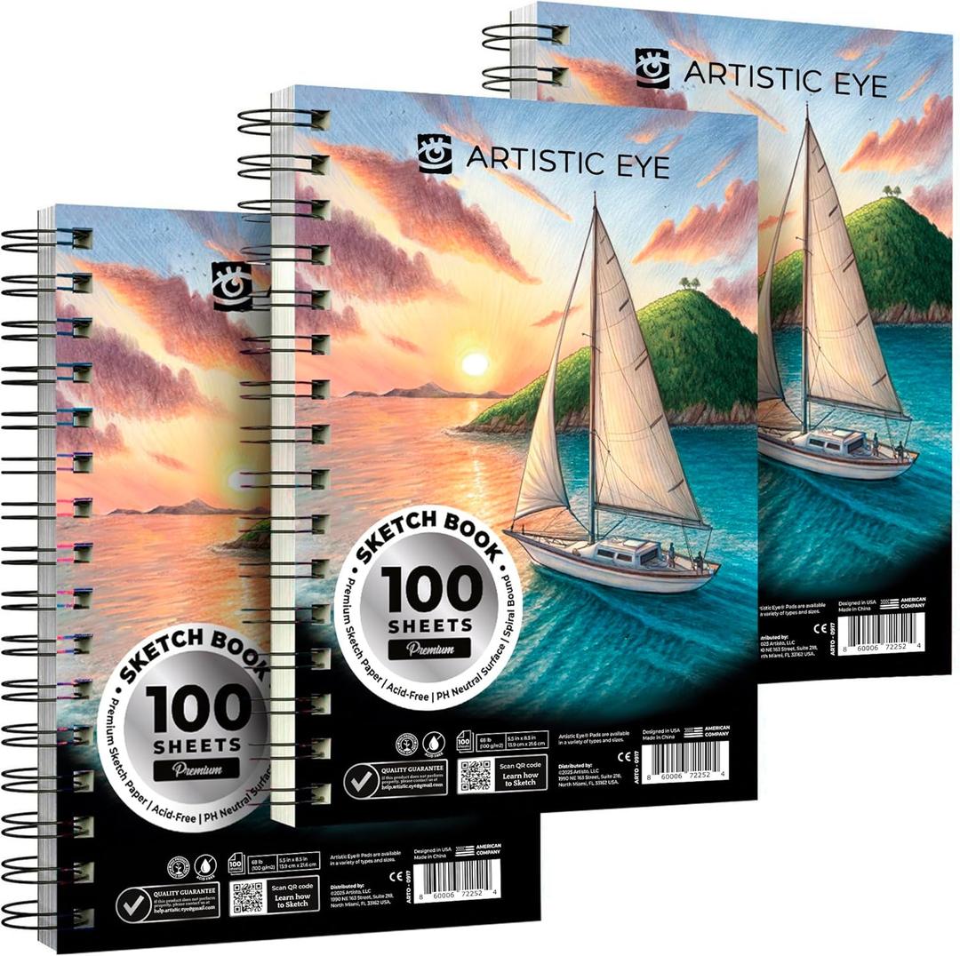 ARTISTIC EYE 5.5X8.5 Premium Sketch Book Set, Pack of 3 (300 Sheets), 68lb (100gsm), Spiral Bound, Acid-Free Drawing Paper, Perfect for Most Dry Media, Ideal for Beginners & Professionals (Set of 3)