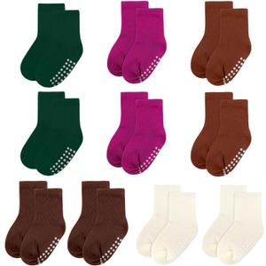 2 x 10 Pack Baby and Toddler Socks,Soft Cotton Crew Socks with Non-Slip Grips for Infants,Boys and Girls,12-24 Months,(DarkGreen/Magenta/Caramel/Maroon/Cream)