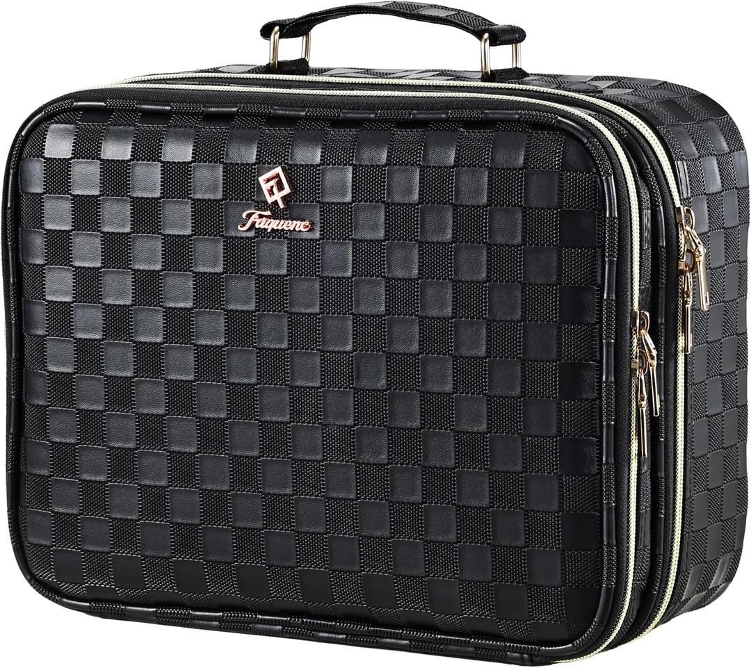 Makeup Bag with LED Lighted Mirror 12.2 IN Cosmetic Train Case Double Layer Makeup Case Adjustable Brightness in 3 Colors Cosmetic Organizer Artist Storage with Brush Holder Vanity Black Checkerboard