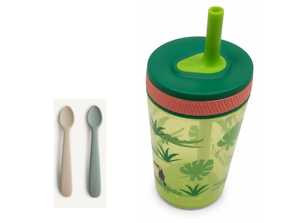 dollop Silicone Baby Feeding Spoon | 2 pack | BPA Free | Dishwasher Safe And Zak Designs Kelso 15 oz Tumbler (Dino Camo) Leak-Proof Screw-On Lid with Straw Made of Durable Plastic and Silicone, Perfect Cup Bundle for Kids