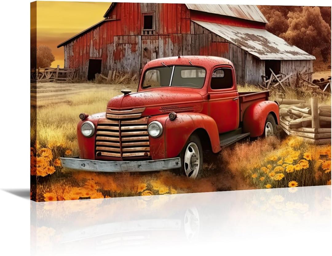 Farmhouse Canvas Wall Art Rustic Old Truck with Barn Picture Print Country Landscape Painting Vintage Artwork for Living Room Bathroom Home Office Decor Framed(Art-5,16.00"x24.00")