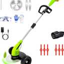 Electric Weed Wacker Cordless, 3-in-1 Wheeled Grass Trimmer with Height Adjustment, 2.0Ah Battery and 3 Types Blades for Yard, Lawn, Patio, Garden, Walkway, Fence & Branch Trimming, Green