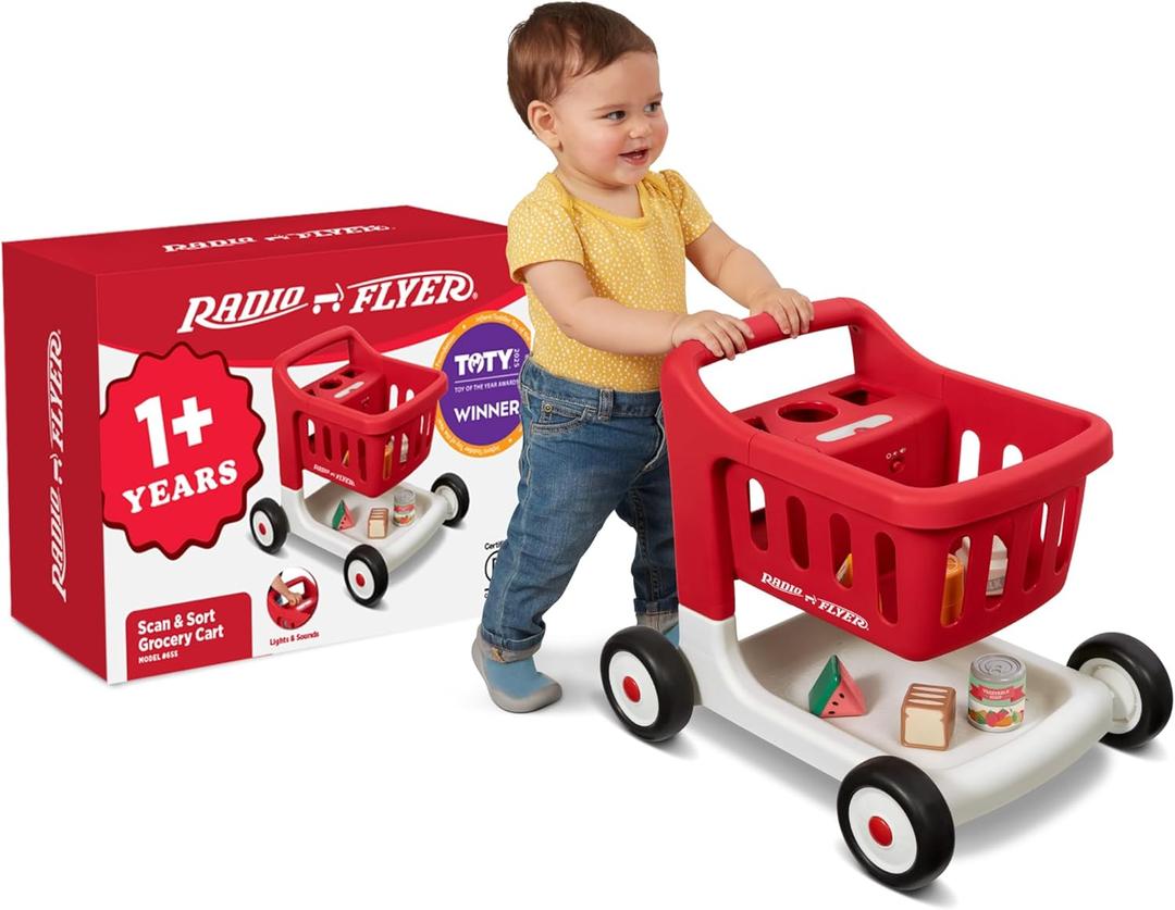 Radio Flyer Scan & Sort Shopping Cart, Red, for Kids 1+, Interactive Baby Walker with Lights & Adjustable Sound, Includes 6 Play Food Items, Adjustable Height Baby Push Walker, for Indoor Play