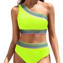 Tempt Me Women High Waisted Bikini Set - One Shoulder Two Piece Swimsuits Color Block Bathing Suits with Swimwear Bottom (Neon Yellow), M