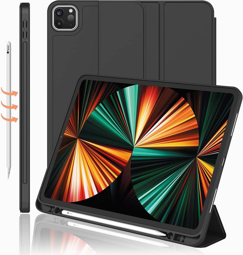 iPad Pro 12.9 Inch Case 2022/2021/2020 (6th/5th/4th Gen) with Pencil Holder [Support iPad 2nd Pencil Charging/Pair],Trifold Stand Smart Case with Soft TPU Back,Auto Wake/Sleep(Black)
