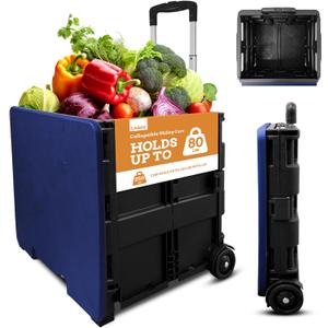 Inspired Living Collapsible Ultra-Slim Pack-N-Roll,2 Wheel Utility Cart w/Lid Used as Seat up to 250 Lbs, Telescopic Handle - Super Strong, for Home, Garden, Shopping, Office, School use, Large, Blue