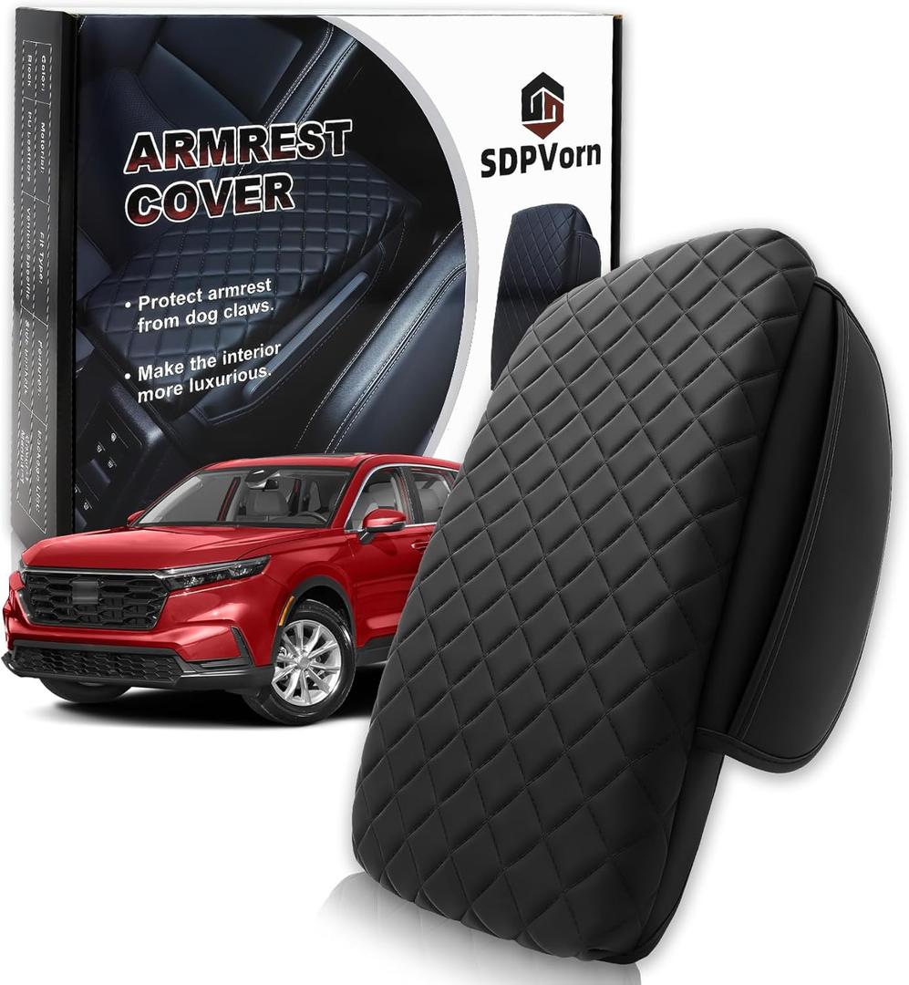 Armrest Cover for Honda CRV Center Console Pad with Organizer Storage Pockets, Black Faux Leather Arm Rest Lid Protector Cushion Interior Accessories (2023-2026)