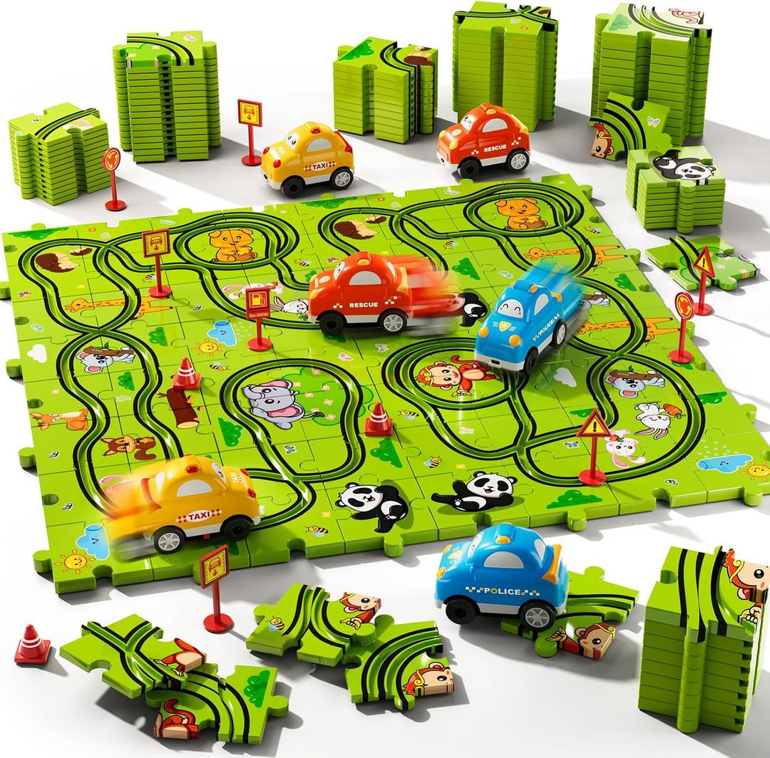 Beby Buty 64PCS Puzzle Race Track Car Set for Kids Boys, Floor Puzzle Tracks Car Toys for Boys Girls Ages 3-5 4-6, Toddler Toys Gifts for 3 4 5 Year Old, Ideal 3 4 5 6 Year Old Birthday Gifts