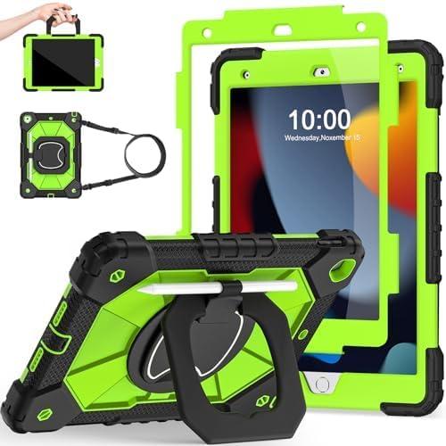 Scnioy Case for iPad 9th Generation iPad Case 9th 8th 7th Generation iPad 10.2 Inch iPad 9th Gen Cover with Screen Protector Pen Holder Cases 360 Rotating Stand, Black Yellow Green