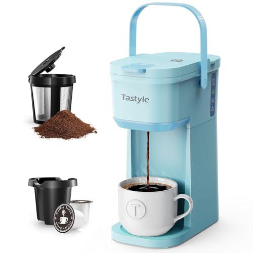 Tastyle Single Serve One Cup Coffee Maker, for K Cups and Grounds, Mini Coffee Maker with Portable Handle, 6 to 12 Oz Brew Size, for Travel, Camping, Office, RV and Dorm, 120V, Aqua