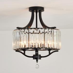 Piepooye Modern Crystal Chandelier 4 Lights Black Semi Flush Mount Ceiling Light Fixture E12 Metal Farmhouse Chandelier for Dining Room Bedroom Hallway Entryway Kitchen