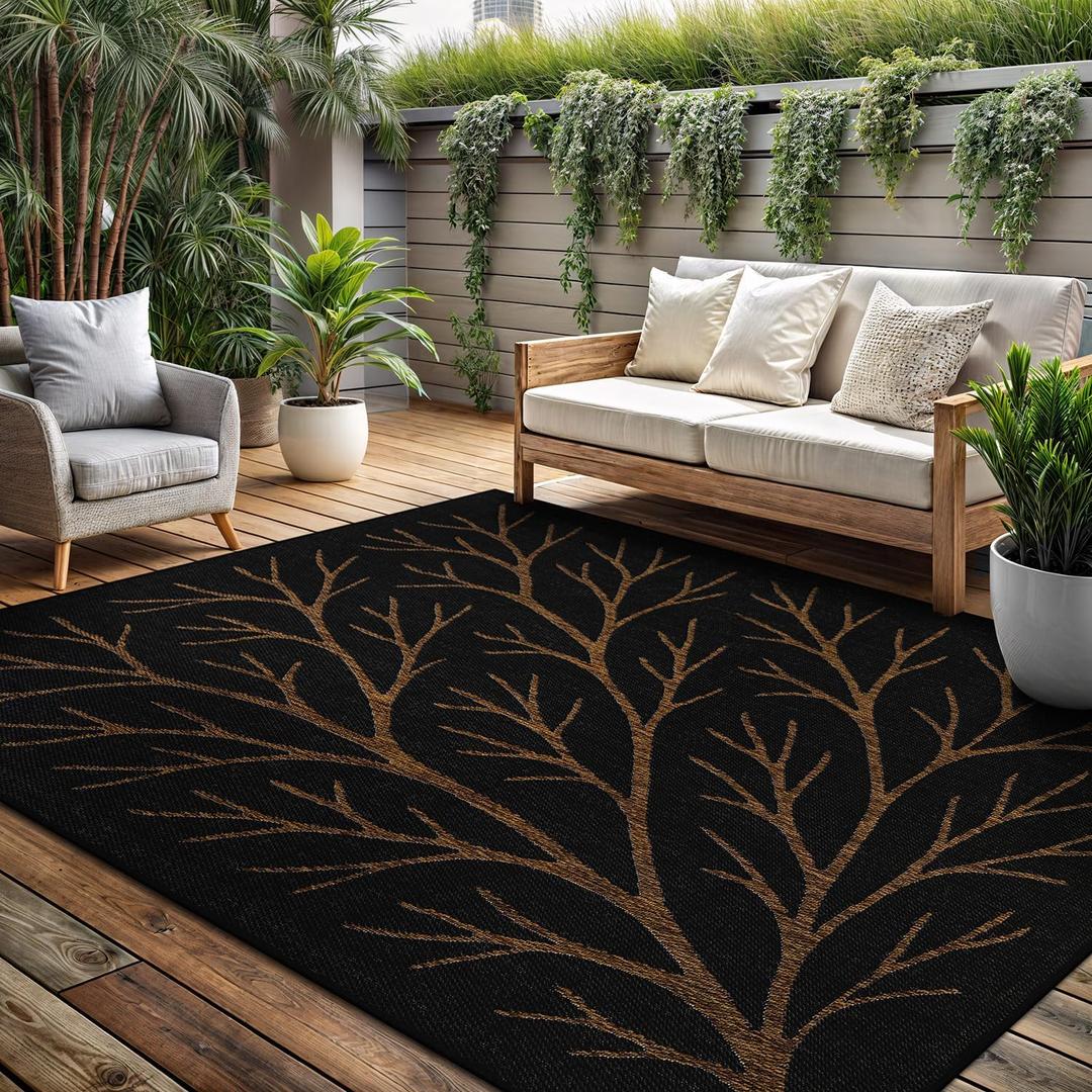 Washable Indoor Outdoor Rug 5x7 Modern Area Rugs Branch Pattern Non Shedding Waterproof Easy Clean Patio Deck Porch Living Room Bedroom Garden RV (5 X 7 Gold)
