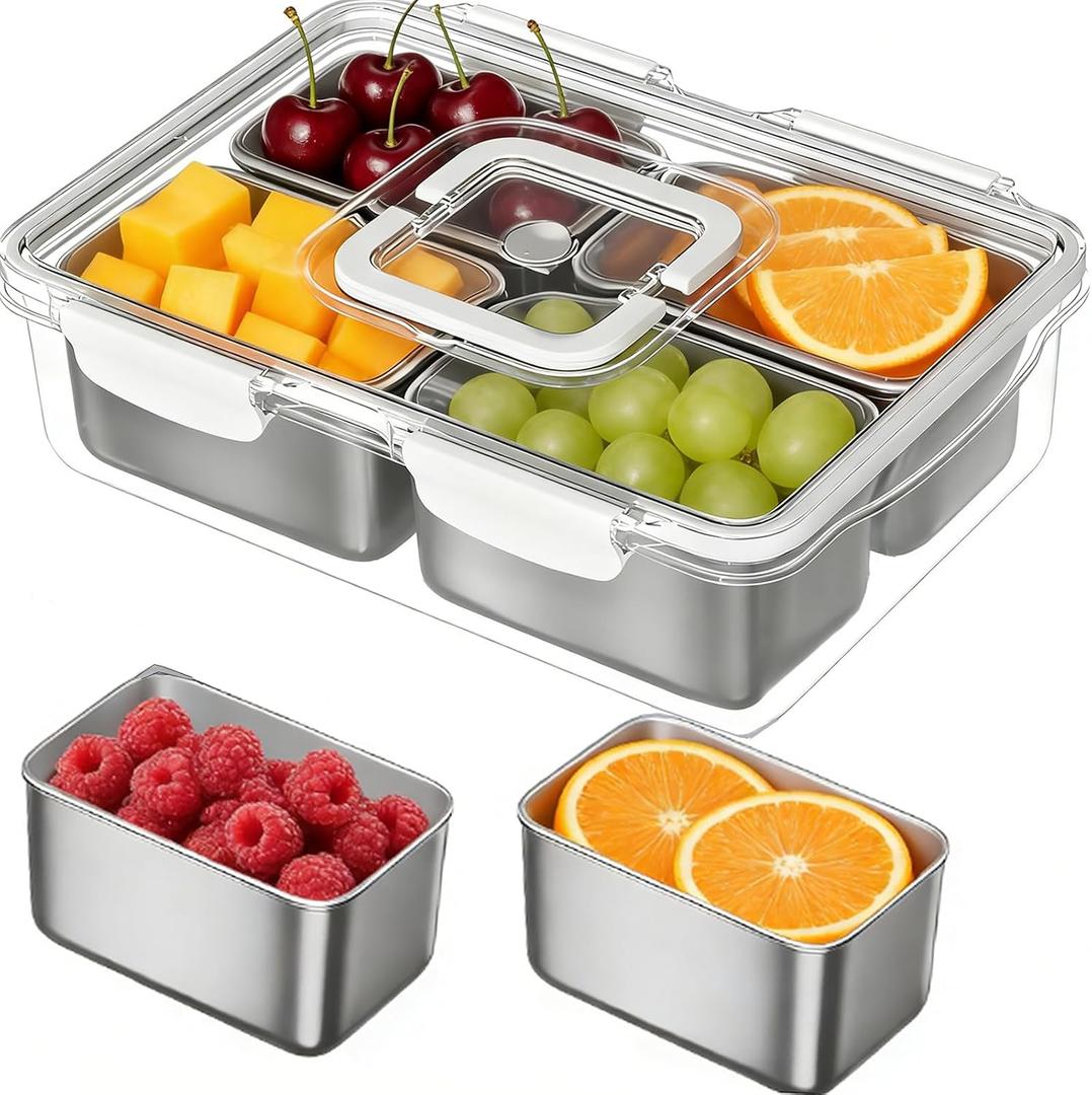 Snackle Box Container, Stainless Steel Snack Tray with Lid and Handle, 4-Compartment Divided Serving Tray for Fruit Veggie Candy, Large Snack Platter for Travel Party Beach Picnic