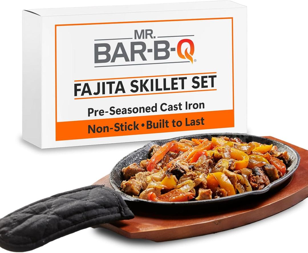 Mr. Bar-B-Q Cast Iron Fajita Skillets Set, Pre-Seasoned Non-Stick Sizzling Plate, Wooden Base w/Cloth Handle, Sizzler Steak Plate, Cast Iron Skillets for Diners, Bar, Restaurants, Caterings & Parties