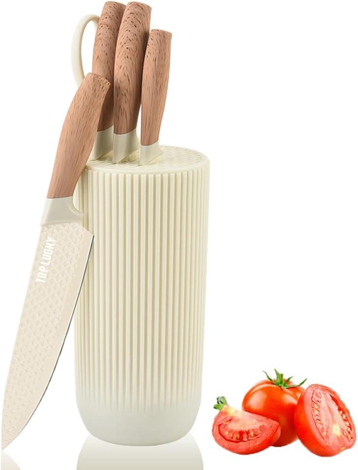 Knife Set, Wiztoynia 6-Piece Beige Kitchen Knife Set for Home, Anti-Rust Non-stick Stainless Steel Sharp Chef Knife Set with Universal Knife Block for Kitchen, Ergonomical Design (Beige)