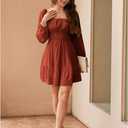 Florboom Women's Adjustable Square Neck Drawstring Dress Puff Long Sleeve Smocked Waist Mini Dresses (S)