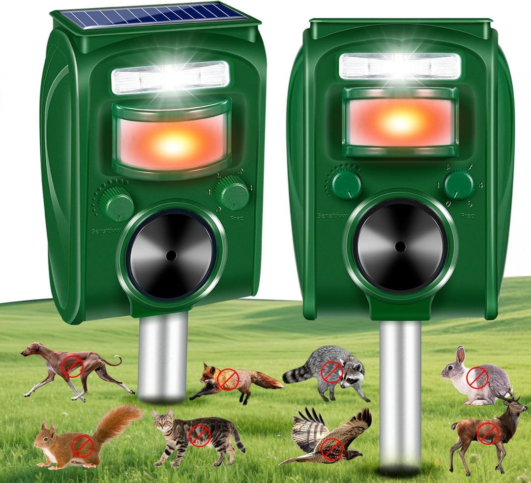 2 Pack Solar Animal Repellent Squirrel Fortress Pro Ultrasonic Outdoor, Waterproof Deer Repellent Devices with Motion Sensor & Deterrent Light to Keep Cat Skunk Racoon Rabbit Rodent Dog Out of Yard