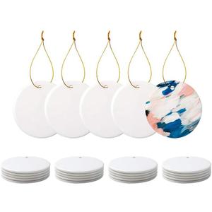 PYD Life 25 PCS Sublimation Ceramic Ornaments Bulk White 2.75 Inch Round Blank with Gold String for Crafting DIY Personalized Christmas Home Decor Bulk