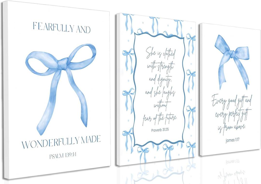 QIHPLYY Blue Bow Jesus Canvas Wall Art Light Blue Coquette Dorm Room Wall Decor Paintings Inspirational Bible Verses Posters Prints Pictures for Girls Dorm Room Bedroom Bathroom 16x24 Inch Framed