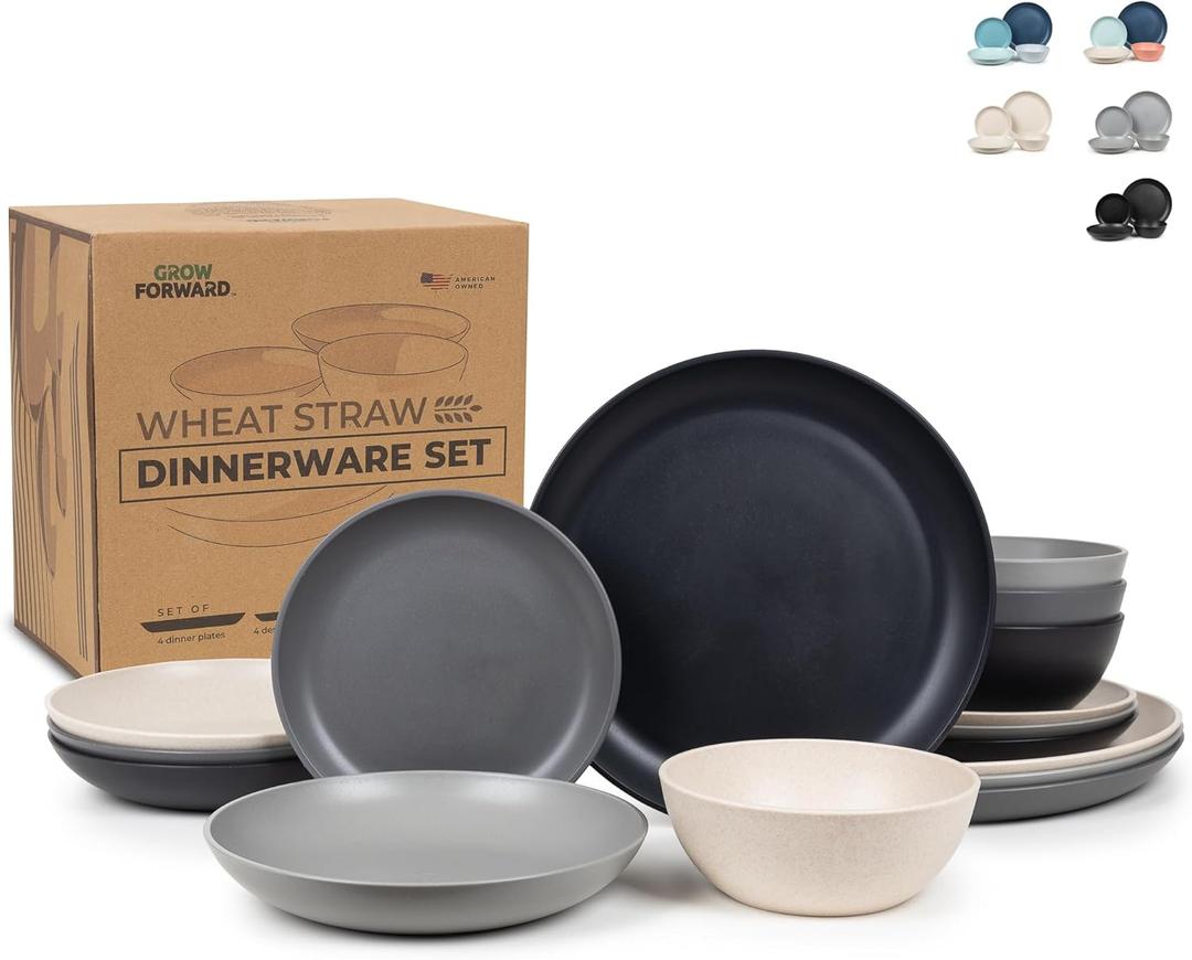 Grow Forward 16-piece Premium Wheat Straw Dinnerware Sets for 4 - Unbreakable Dishwasher and Microwave Safe Plastic Plates and Bowls Sets - Patio, Outdoors, RV, Camping Dishes - Moonlight