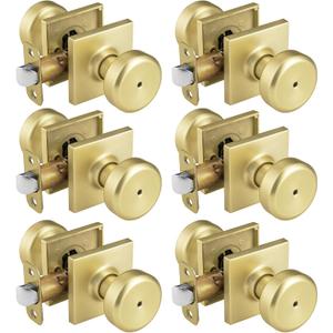 6 Pack Gold Interior Door Knobs for Bath & Bed, Pismo Doorknob Turn Lock with Square Rosette, Satin Brass Heavy Duty Door Knob with Lock