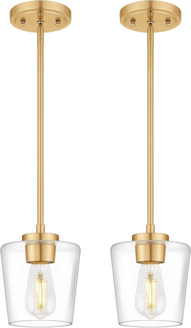 Pendant Lights Kitchen Island 2 Pack, 6" Brushed Gold Hanging Lights Fixtures with Clear Glass Shade, Modern Brass Kitchen Pendant Lighting Over Island for Dining Room, AD-22004-1P2-GD-C
