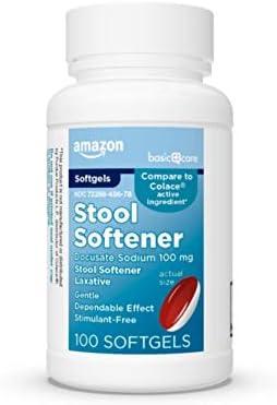 Amazon Basic Care Stool Softener Laxative, Docusate Sodium 100 mg, Softgels, For Constipation Relief, 100 Count 2 prs 2027 Jun