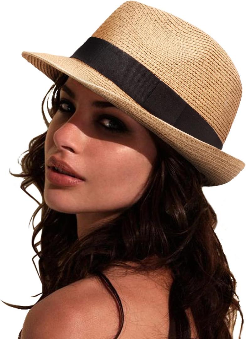 DRESHOW Women Straw Panama Hat Travel Fedora Beach Sun Hat Summer Wide Brim Straw Roll up Hats UPF 50+ (Ab Khaki G)