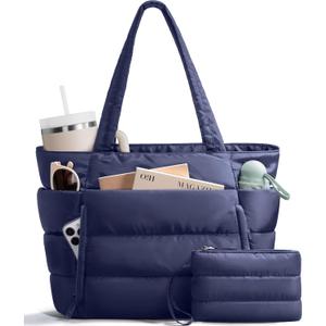 Bagstellar Puffer Tote Bag for Women, Lightweight Puffy Work Handbag Teacher Nurse Quilted Shoulder Bag for School Travel Gym | Cloud Bag w/ Zipper