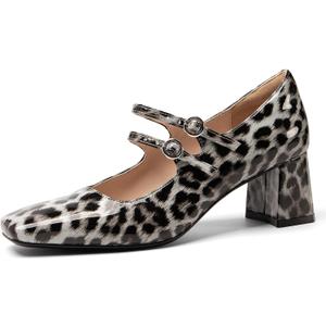 NEWBELLA Women's Patent Leather Mary Janes - Glossy Square Toe Pumps with Chunky Heel & Buckle Strap, Retro Dress Shoes for Work & Formal Events