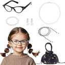 Rthjsfj 6Pcs Old Lady Grandma Costume Kit - Granny Glasses, Eyeglasses Chain, Handbag, Necklace, Bracelet, Ear Clips