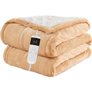 Electric Blanket Heated Throw, Soft Flannel 50"x60" Heating Blanket with 8 Hours Auto Off 10 Fast Heating Levels Machine Washable Sherpa Heated Blanket with Overheating Protection (Khaki)
