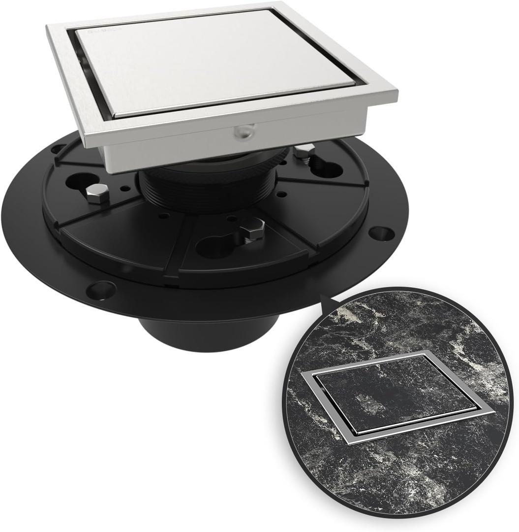 WEBANG 4 Inch Square Shower Drain Brushed Floor Drain with Flange Reversible 2-in-1 Cover Tile Insert Grate Removable SUS304 Stainless Steel CUPC Certified Brushed